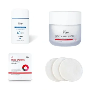 پکیج مراقبت کامل پوست حساس Isov شامل کرم ضد آفتاب پوست حساس آیزو، کرم لایه‌بردار شب آیزو، ماسک ورقه‌ای تسکین‌دهنده و آبرسان آیزو و پد آرایش پاک‌کن